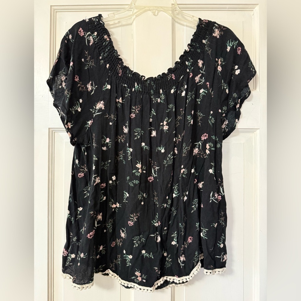 Mauve Black Floral Popover Blouse Lace Trim Cottagecore Coastal Grandma 2X